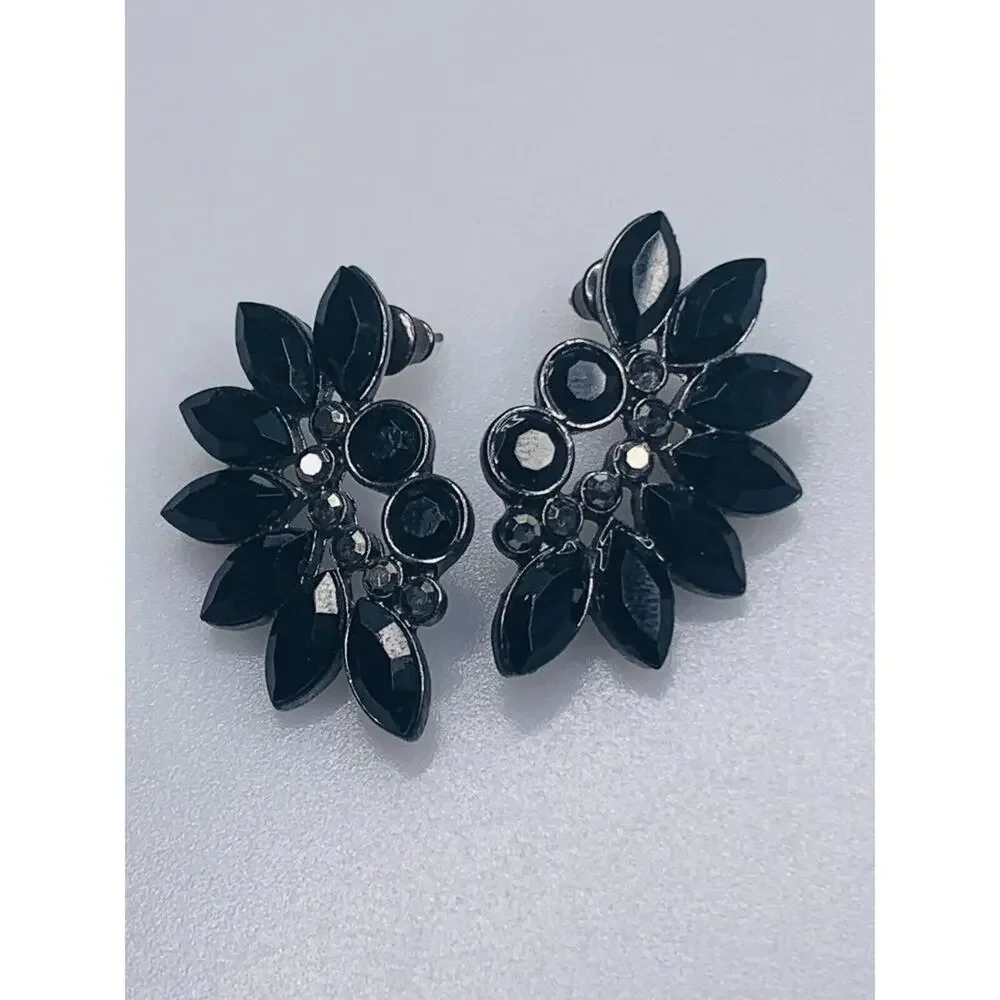 Elegant Black Cluster Marquise Earrings with Small Hematite Stones Pierced
